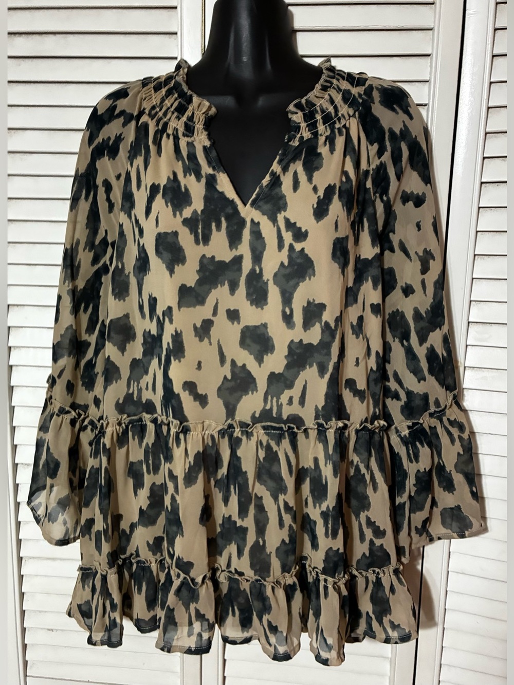 entro Beige and Black Animal Print Ruffle Tunic